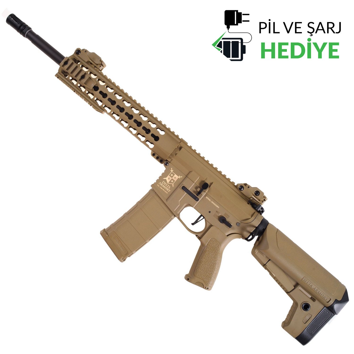 Delta Armory M4 AR15 KeyMod 10" Charlie Full Tan AEG Airsoft Tüfek / Pil Şarj Setli